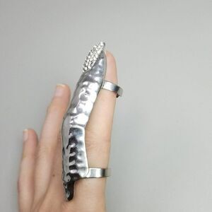 Vintage Finger Shape Ring, Silver Tone Rhinestone Nail adjustable Size Bands